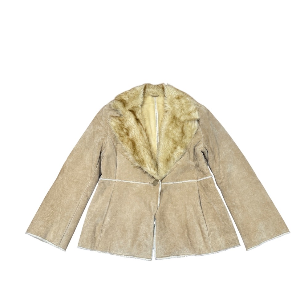 New York & Company Tan Beige Suede Penny Lane Faux Fur Collar Jacket XL VTG